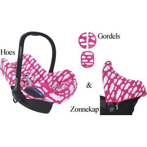 Wallabiezzz Maxi Cosi Hoes, Zonnekap en Gordels - Autostoel - Baby Set - Roze - Wolk