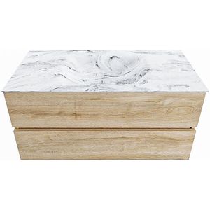 Mondiaz vica-dlux 100 cm badmeubel onderkast washed oak 2 lades. Inbouw wastafel cloud midden zonder kraangat, kleur glace.