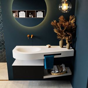 Mondiaz riva 120 cm badmeubel onderkast /planchet kleur urban met 1 lade. Wastafel dulcet links 0 kraangaten kleur talc.