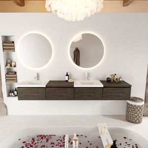 Mondiaz bukla 240 cm badmeubel met module 60 rechts kleur dark brown met 4 lades. Wastafel cloud dubbel 2 kraangaten kleur talc.