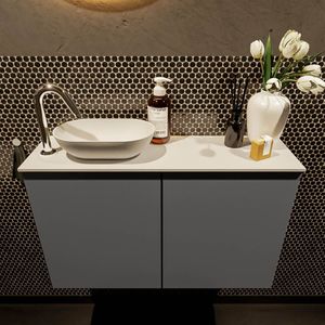 Mondiaz Fowy toiletmeubel 80cm dark grey met witte waskom links en kraangat