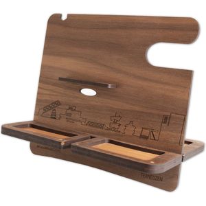 Skyline Desk Organizer Terneuzen - Noten - Bureau Organizer - Telefoonhouder - Tablethouder - Smartwatch Houder - Sorteren spullen - WoodWideCities