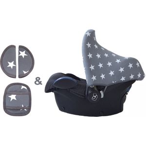 Wallabiezzz Zonnekap en Gordelhoes Baby - Geschikt voor de Maxi Cosi Autostoel - Grijs Sterren - Kraam cadeau - Voordeelverpakking
