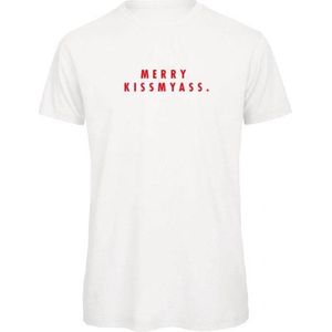 Kerst t-shirt wit S - Merry Kissmyass - rood - soBAD. | Kerst t-shirt soBAD. | kerst shirts volwassenen | kerst t-shirts volwassenen | Kerst outfit | Foute kerst t-shirts