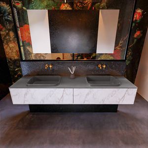 Badkamermeubelset Mondiaz Erin 200 cm met 2 Lades met RIDGE Wastafel Dubbel Dark grey Zonder Kraangaten Greeploos Mat Carrara