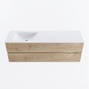 Mondiaz vica 150 cm badmeubel onderkast washed oak 2 lades. Wastafel cloud links zonder kraangat, kleur talc.