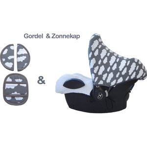 Wallabiezzz Zonnekap en Gordelhoes Baby - Geschikt voor de Maxi Cosi Autostoel - Grijs Wolken - Kraam cadeau - Voordeelverpakking