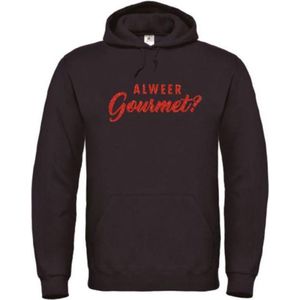 Foute kersttrui hoodie zwart L - Alweer gourmet? - Rood glitter - soBAD. | Kersttrui soBAD. | kerstsweaters volwassenen | kerst hoodie volwassenen | Kerst outfit | Foute kerst truien