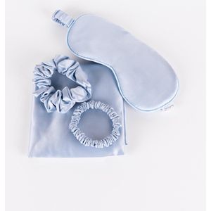 Zijden kussensloop, scrunchies en slaapmasker blauw ∙ 100% moerbeizijde ∙ 22 momme ∙ met gratis waszakje t.w.v. €7,95