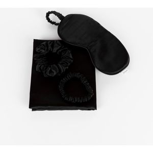 Zijden kussensloop, scrunchies en slaapmasker zwart ∙ 100% moerbeizijde ∙ 22 momme ∙ met gratis waszakje t.w.v. €7,95