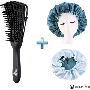 Zwarte Anti-klit Haarborstel + Groene satijnen slaapmuts | Detangler brush | Detangling brush | Satin cap / Hair bonnet / Satijnen nachtmuts / Satin bonnet | Kam voor Krullen | Kroes haar borstel