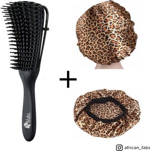 Zwarte Anti-klit Haarborstel + Panter print satijnen slaapmuts | Detangler brush | Detangling brush | Satin cap / Hair bonnet / Satijnen nachtmuts / Satin bonnet | Kam voor Krullen | Kroes haar borstel