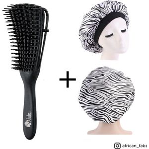 Zwarte Anti-klit Haarborstel + Witte tijger print satijnen slaapmuts | Detangler brush | Detangling brush | Satin cap / Hair bonnet / Satijnen nachtmuts / Satin bonnet | Kam voor Krullen | Kroes haar borstel