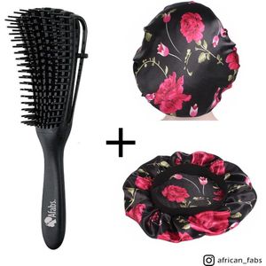 Zwarte Anti-klit Haarborstel + Zwarte bloemen satijnen slaapmuts | Detangler brush | Detangling brush | Satin cap / Hair bonnet / Satijnen nachtmuts / Satin bonnet | Kam voor Krullen | Kroes haar borstel
