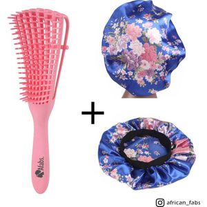 Roze Anti-klit Haarborstel + Blauwe bloemen satijnen slaapmuts | Detangler brush | Detangling brush | Satin cap / Hair bonnet / Satijnen nachtmuts / Satin bonnet | Kam voor Krullen | Kroes haar borstel