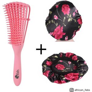 Roze Anti-klit Haarborstel + Zwarte bloemen satijnen slaapmuts | Detangler brush | Detangling brush | Satin cap / Hair bonnet / Satijnen nachtmuts / Satin bonnet | Kam voor Krullen | Kroes haar borstel