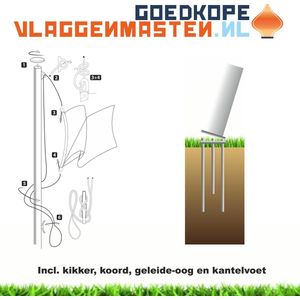 Vlaggenmast BASIC 7 meter aluminium conisch ø 100-60 mm, wit incl. knop, kikker, koord en geleide-oog en kantelvoet - 1207W1C
