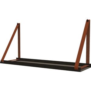 Handles and more -  Stalen wandplank zwart 98cm + leren plankdragers Cognac