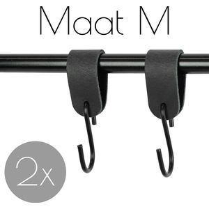 2x Leren S-haak hangers - Handles and more® | VINTAGE BLACK - maat M  (Leren S-haken - S haken - handdoekkaakje - kapstokhaak - ophanghaken)