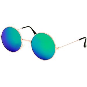 Ronde Hippie Zonnebril Unisex Goud - Groen Blauw Spiegelglazen - Ronde bril