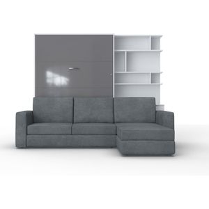 INVENTO SOFA MAX Verticaal Vouwbed Inclusief Donkerblauwe Hoekbank - Opklapbed - Bedkast - Wit / Hoogglans Grijs - 200x140 cm