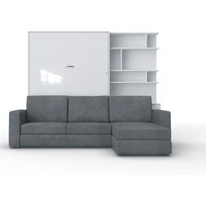 INVENTO SOFA MAX Verticaal Vouwbed Inclusief Donkerblauwe Hoekbank - Opklapbed - Bedkast - Hoogglans Wit - 200x140 cm