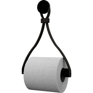 Leren toiletrolhouder 'Triangle' - met Zuignap én schroef - Handles and more® | VINTAGE BLACK - roldrager: Zwart rondhout - knop: Zwart