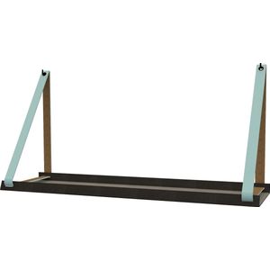 Handles and more -  Stalen wandplank zwart 70cm + leren plankdragers Lichtblauw
