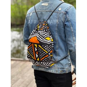 Afrikaanse print rugzak / Gymtas / Schooltas met rijgkoord - Geel / oranje bogolan  - Drawstring Bag