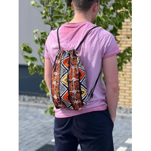 Afrikaanse print rugzak / Gymtas / Schooltas met rijgkoord - Oranje / wit Bogolan  - Drawstring Bag