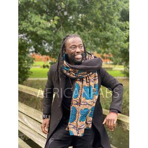 Warme Sjaal met Afrikaanse print Unisex - Blauwe / Mustard classic - Winter sjaal / Fleece sjaal / Afrika print