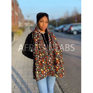 Warme Sjaal met Afrikaanse print Unisex - Bruin / Oranje / Beige mud cloth / bogolan - Winter sjaal / Fleece sjaal / Afrika print