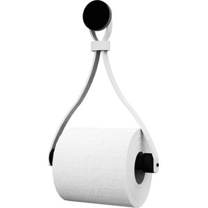 Leren toiletrolhouder 'Triangle' - met Zuignap én schroef - Handles and more® | WIT - roldrager: Zwart rondhout - knop: Zwart