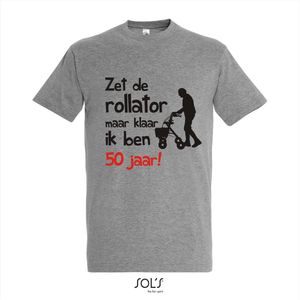 50 jaar - 50 jaar abraham - 50 jaar sarah - 50 jaar verjaardag - T-shirt Zet de rollator maar klaar ik ben 50 jaar! - Maat XXL - Sport Grey Melange T-shirt korte mouw