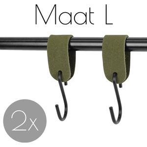 2x Leren S-haak hangers - Handles and more® | SUEDE OLIVE - maat L (Leren S-haken - S haken - handdoekkaakje - kapstokhaak - ophanghaken)