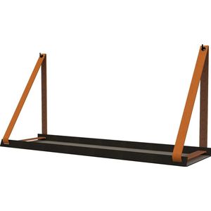 Handles and more -  Stalen wandplank zwart 98cm + leren plankdragers Oranje