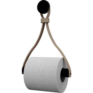 Leren toiletrolhouder 'Triangle' - met Zuignap én schroef - Handles and more® | TAUPE - roldrager: Zwart rondhout - knop: Zwart
