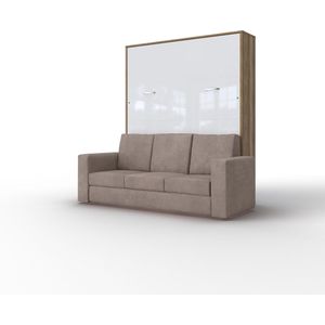 INVENTO SOFA 160 Verticaal Vouwbed Inclusief Zalmroze bank - Opklapbed - Bedkast - Eiken / Hoogglans Wit - 200x160 cm