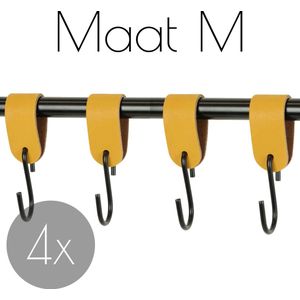 4x Leren S-haak hangers - Handles and more® | OKERGEEL - maat M (Leren S-haken - S haken - handdoekkaakje - kapstokhaak - ophanghaken)