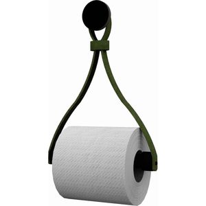 Leren toiletrolhouder 'Triangle' - met Zuignap én schroef - Handles and more® | KAKI - roldrager: Zwart rondhout - knop: Zwart