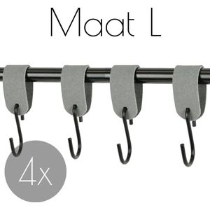 4x Leren S-haak hangers - Handles and more® | SUEDE GREY - maat L (Leren S-haken - S haken - handdoekkaakje - kapstokhaak - ophanghaken)