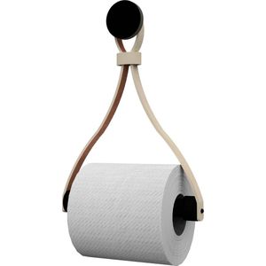 Leren toiletrolhouder 'Triangle' - met Zuignap én schroef - Handles and more® | CREME - roldrager: Zwart rondhout - knop: Zwart