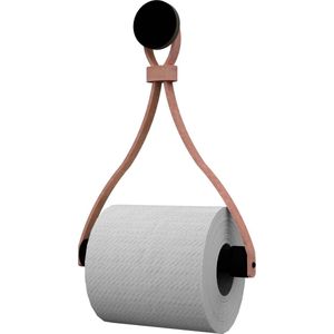 Leren toiletrolhouder 'Triangle' - met Zuignap én schroef - Handles and more® | SUEDE OLD PINK - roldrager: Zwart rondhout - knop: Zwart