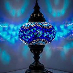 Mozaïek Lamp - Oosterse Lamp - Turkse Lamp - Tafellamp - Marokkaanse Lamp - Ø 19 cm - Hoogte 34 cm - Handgemaakt - Authentiek - Marineblauw