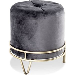 Hocker Fluweel Grijs Staal Goud Rond 38x40x38cm