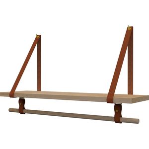 Plankje Roe 98cm - Handles and more®s-sCOGNAC (Complete set: leren plankdragers + plank eikenhout + roede)
