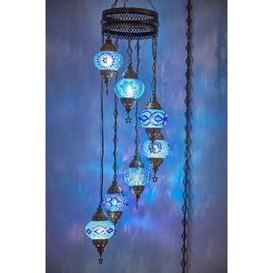 Turkse Lamp - Hanglamp - Mozaïek Lamp - Marokkaanse Lamp - Oosters Lamp - Authentiek - Handgemaakt- Kroonluchter 7 blauwe bollen