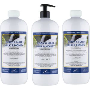 Body & Hair Milk & Honey 1 liter - set van 3 stuks - met gratis pomp - 2 in 1 voor lichaam en haar.