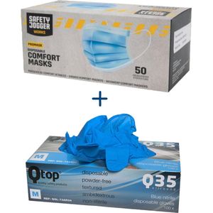 3 Laags Mondkapje - 50 stuks - Licht Blauw + Nitril Wegwerp Handschoenen - Medium - 100 stuks