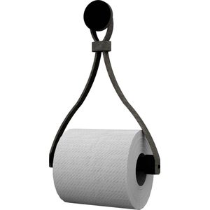 Leren toiletrolhouder 'Triangle' - met Zuignap én schroef - Handles and more® | VINTAGE GREY - roldrager: Zwart rondhout - knop: Zwart